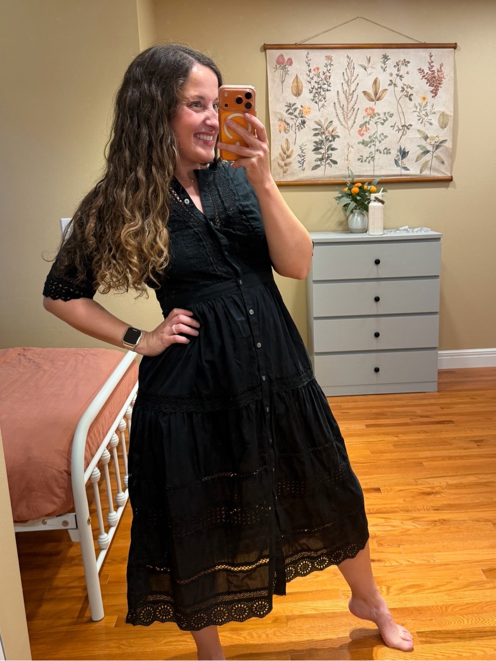 GAP Black Button-Front Midi Dress with Eyelet Trim Small